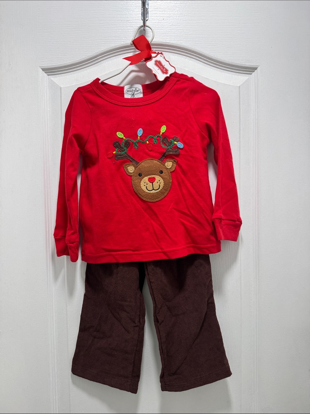 Mud Pie Red Reindeer Top with Brown Pants Kids Matching Set